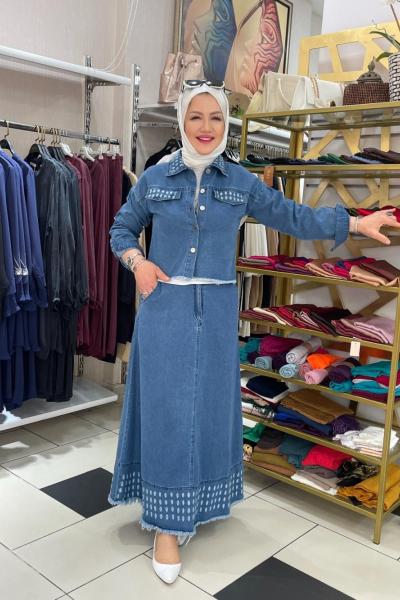 Kot ceketli etekli takım  Açık Mavi