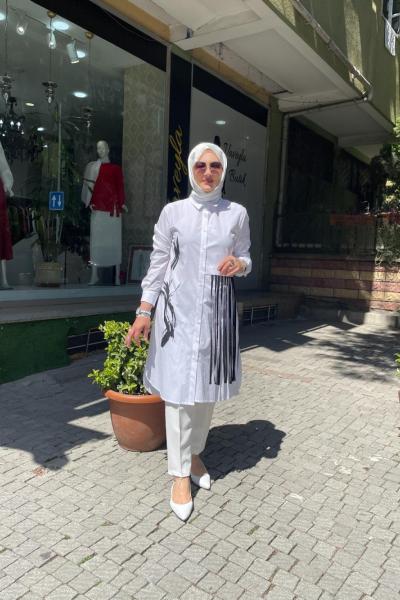 Koton kumaş puskul detaylı tunık Beyaz