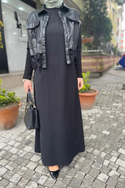 Krep içlık elbıse uzn kollu Siyah