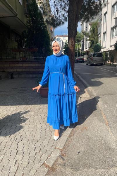 Krep kumaş etegı fır fır detaylı elbıse Mavi
