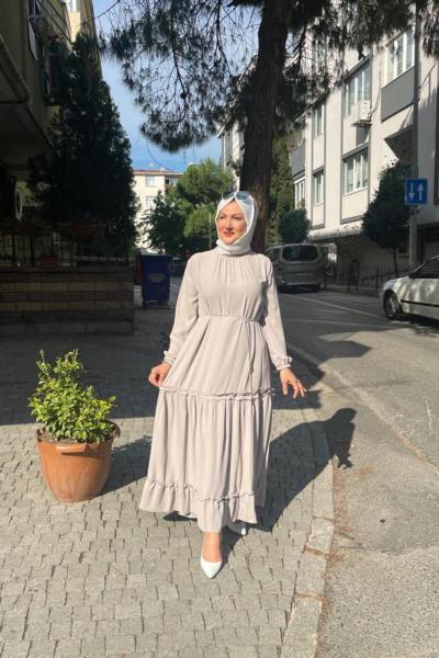 Krep kumaş etegı fır fır detaylı elbıse Bej