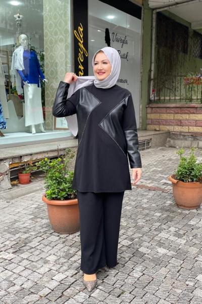 Krep kumaş taş ve deri gorunumlu pantolonlu takım Siyah