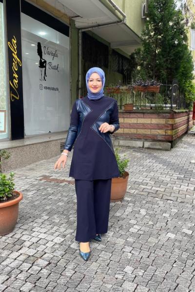 Krep kumaş taş ve deri gorunumlu pantolonlu takım Lacivert