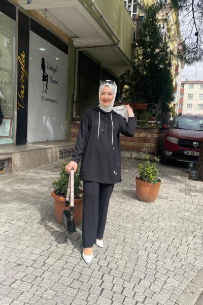 Krep kumaş pantolonlu takım Siyah