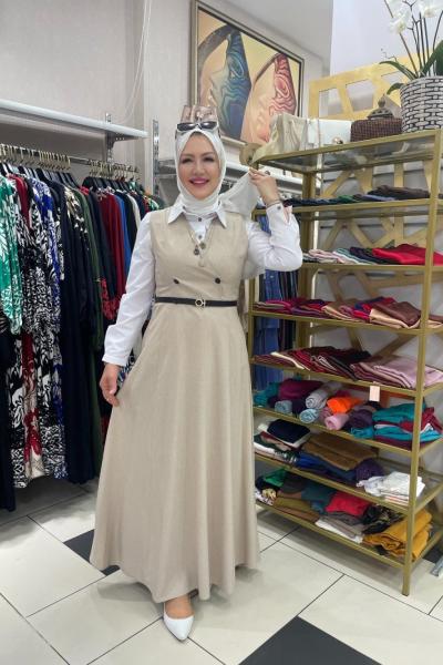 Krep kumaş jile elbıse Krem