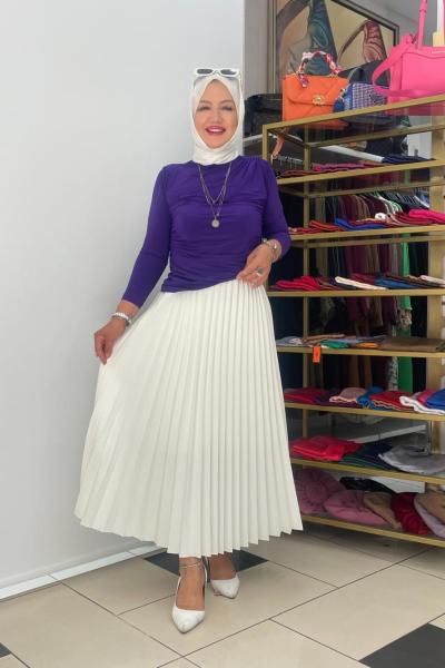 Krep kumaş etek piliseli Beyaz