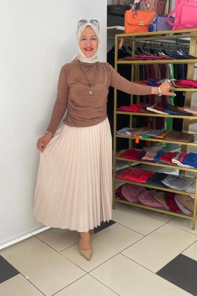 Krep kumaş etek piliseli Bej