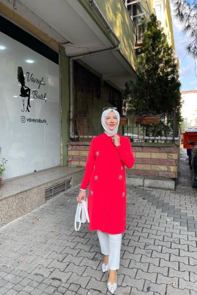 Krep Taşlı Tunik Kırmızı