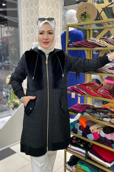 Kürk detaylı kap Siyah