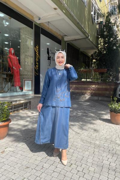 Lase ve fermuar detaylı tencel eteklı takım Mavi