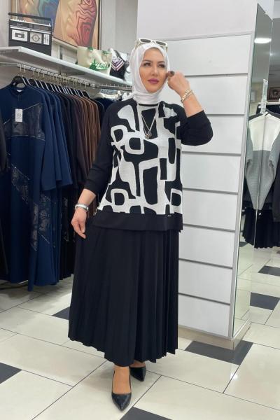 Lepor desenlı eteklı takım Beyaz Siyah