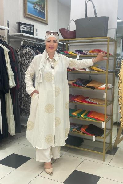 Motif detaylı keten takım Bej