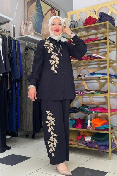 Nakişli pantolonlu takım Siyah