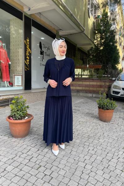 Nervürlü zincirli sandy etekli takım Lacivert