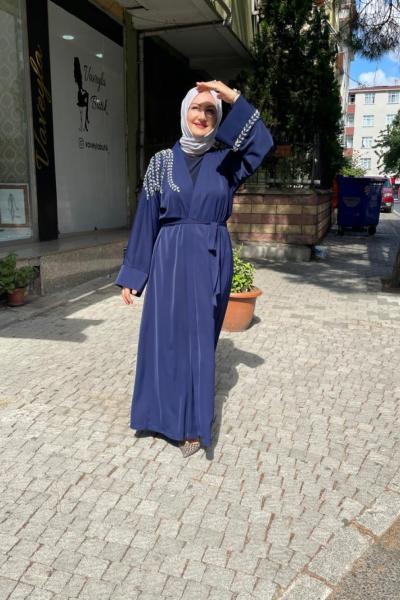 Omuzu ve kol ucu taşlı abaya Lacivert Marin