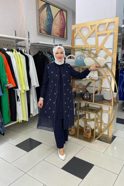 Ön kısmı taşlı takım Lacivert Yaprak