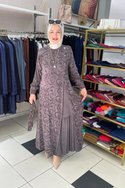 Ön kısmı dügme ve alttarafı pileli elbıse Sütlü Kahve