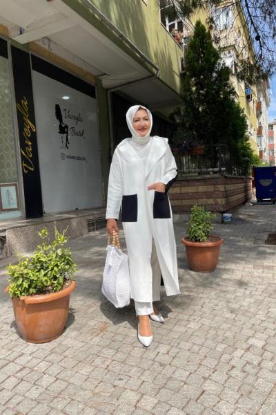 Önden cepli uzun hırka Beyaz