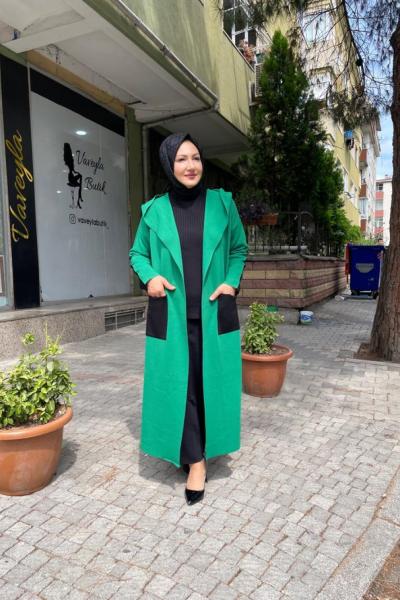 Önden cepli uzun hırka Yeşil