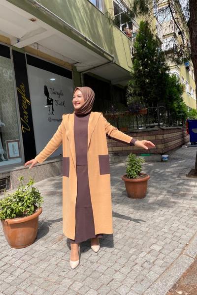Önden cepli uzun hırka Kahverengi