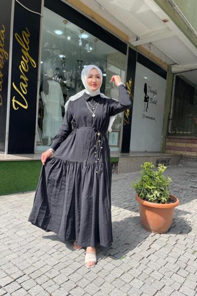 Önden dügmeli belden kemerli gömlek elbise Siyah