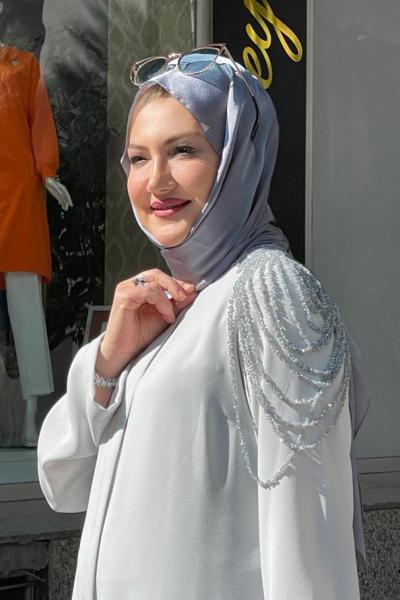 Önden fermuarlı omuzu boncuk işlemeli ferace bedenler 1/4 Gri