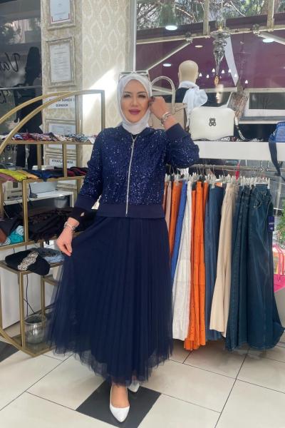 Önden fermuar detaylı paletlı eteklı takım Lacivert