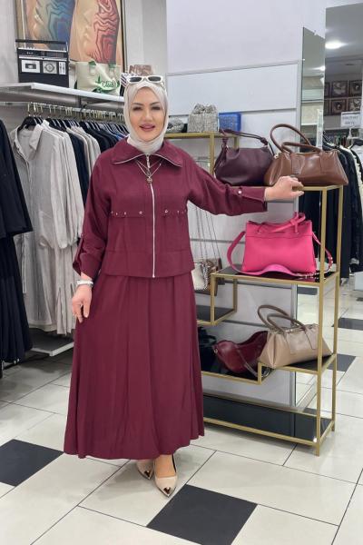 Önden fermuarli etekli takaım Mürdüm