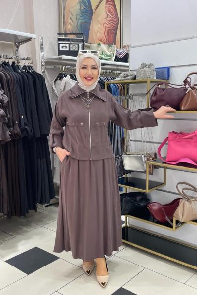 Önden fermuarli etekli takaım Kahverengi