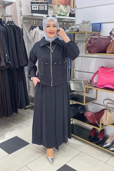 Önden fermuarli etekli takaım Siyah