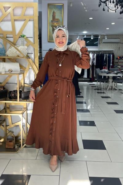 Önden fırfırlı elbıse Kahverengi