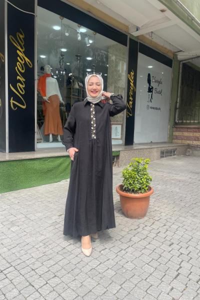 Önpati taş işlemeli salaş tencel elbise Siyah