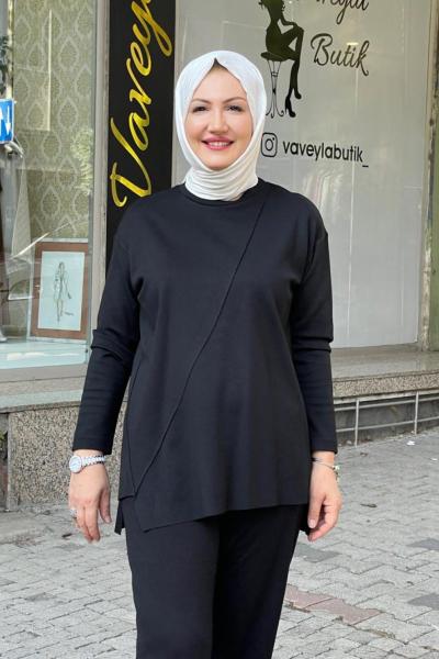 Önü çapraz dikişli önü kısa arkası uzun Siyah