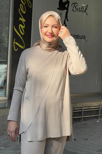 Önü çapraz dikişli önü kısa arkası uzun Bej