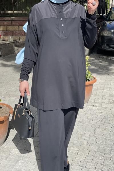 Önü Çıtçıtlı Hakim Yaka Pantolon Takımı Siyah