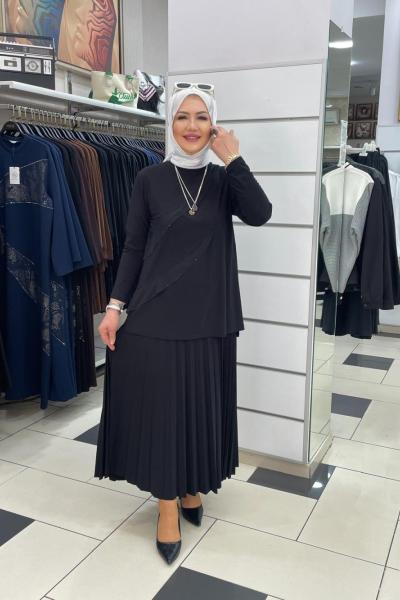 Önü desenli etekli takım Siyah