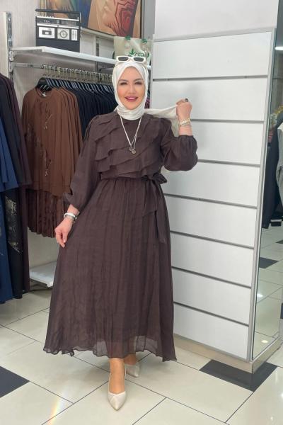 Önü kat kat elbıse Kahverengi