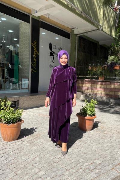 Önü pelerin detayli omuzu halat aksasuar Mor