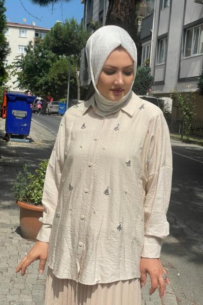 Önü taşlı gömlek Bej