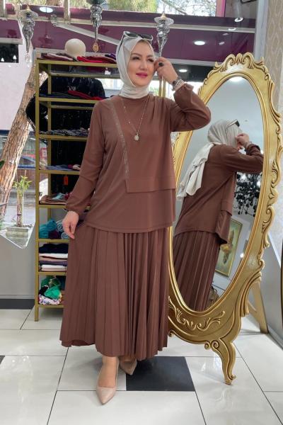 Önü taş işlemeli etekli takım Kahverengi