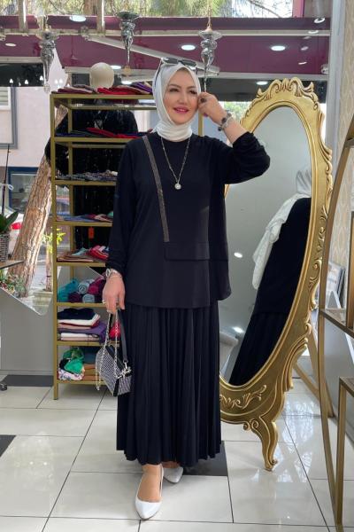 Önü taş işlemeli etekli takım Siyah