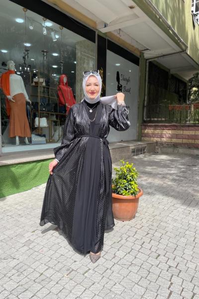Organze tül kolları taşlı abaya  Anadolu Siyahı