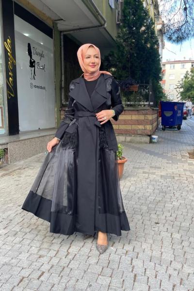 Organzeli ceket abaya Anadolu Siyahı