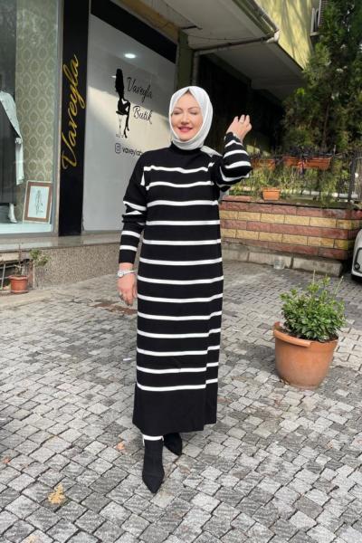 Örme cızgılı trıko elbıse Siyah