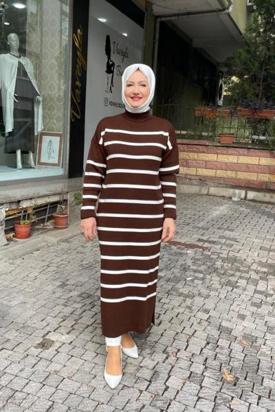 Örme cızgılı trıko elbıse Kahverengi