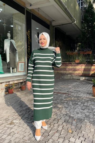 Örme cızgılı trıko elbıse Yeşil