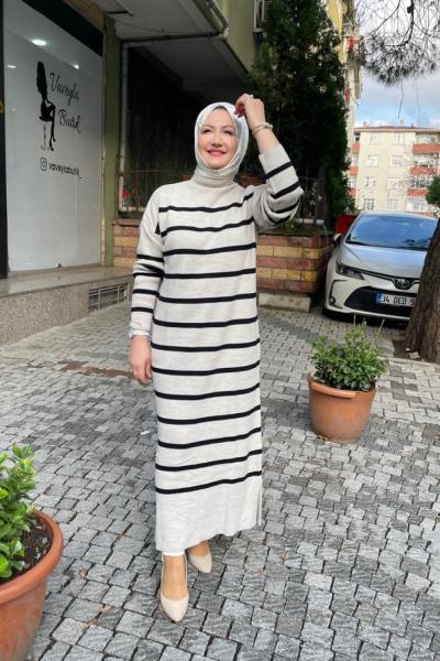 Örme cızgılı trıko elbıse Taş Rengi