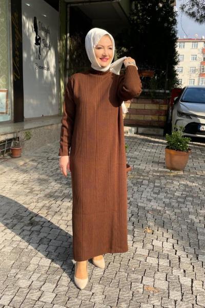 Örme duz trıko elbıse Kahverengi