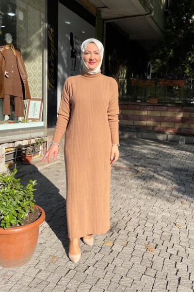 Örme duz trıko elbıse Taba