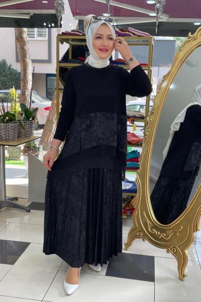 Örme krep etekli takım Siyah